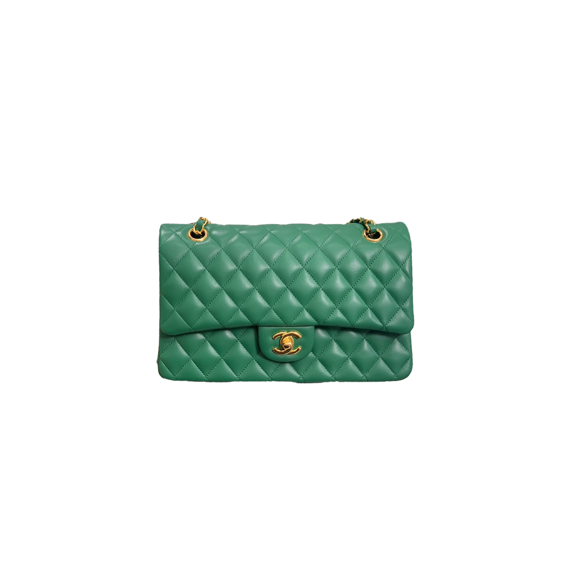 CHANNEL LAMBSKIN QUILTED RECTANGULAR FLAP LIGHT GOLD GREEN A1112  (25*15*6cm)